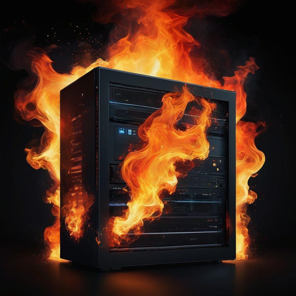 An abstract visual of a blazing, vibrant fire symbolizing passion, intertwined with modern digital elements like servers and cloud icons, set against a dark, dramatic background. Subtle hints of adult-themed silhouettes incorporated artistically without explicitness, emphasizing premium and sophisticated hosting solutions. Elements of luxury and technology harmonized in a creative design. super-realistic. dark background. vibrant colors.