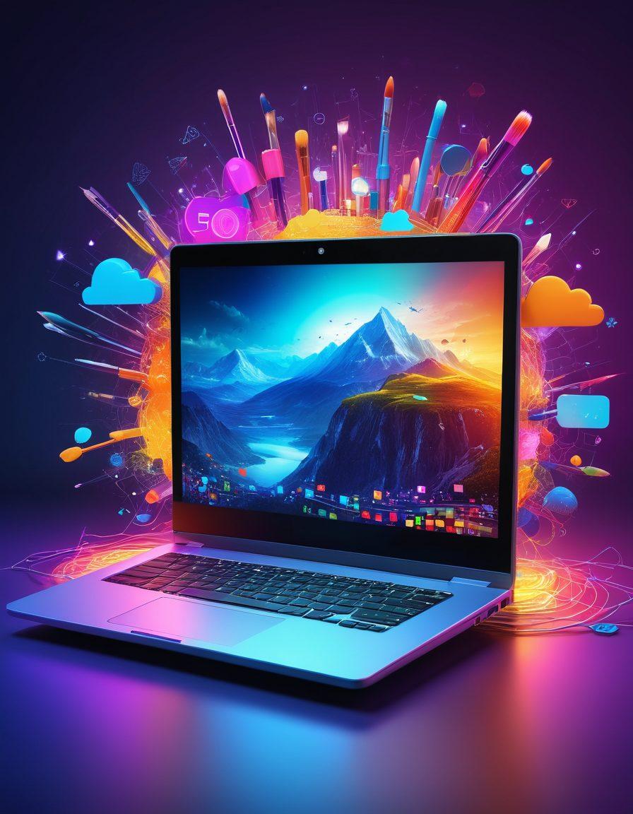 A dynamic laptop displaying a vibrant digital landscape filled with creative designs and artistic elements, symbolizing an online presence. Surround it with colorful hosting server icons, artistic tools like paintbrushes and graphics tablets, emphasizing passion and creativity. Incorporate a glowing network of connections in the background, illustrating optimal hosting solutions. Super-realistic. Vibrant colors. 3D.